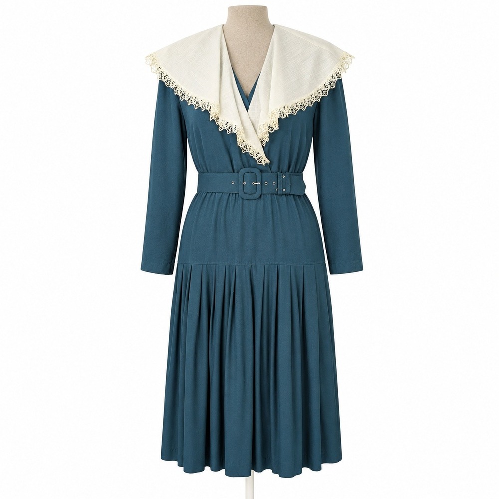 Vintage 90s Crochet Lace Belted Maxi Dress Sz L Teal Modest Prairie Cottagecore